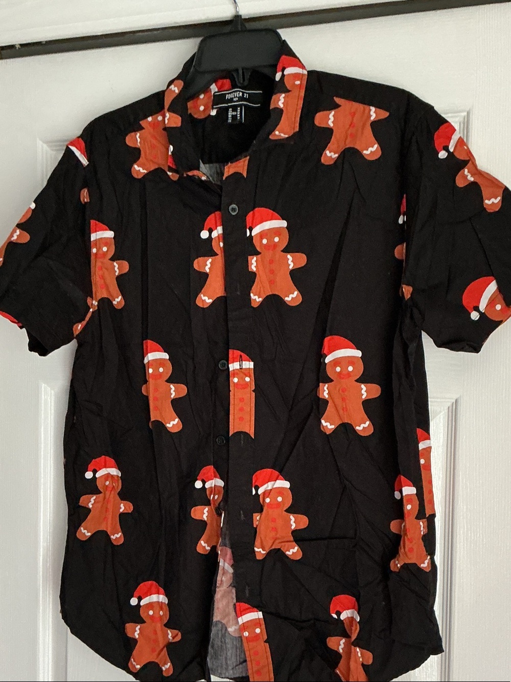 Forever 21 Black Shirt with Brown Gingerbread & Red Accent Print